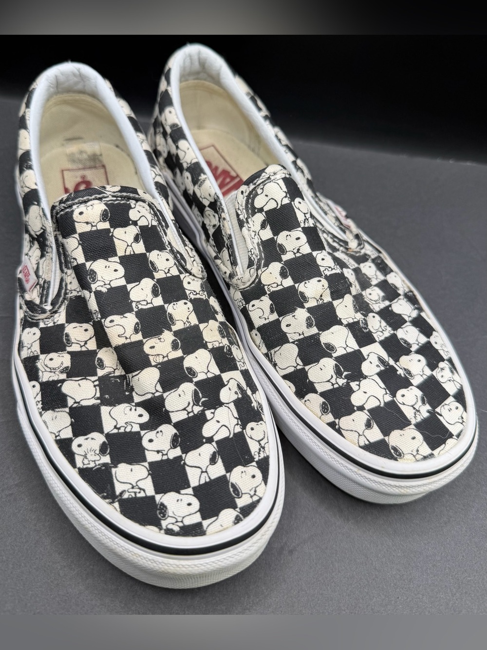 Vans - Peanuts Slip-On Sneakers - Black & White Checkerboard, Womens-7, Men’s 5.